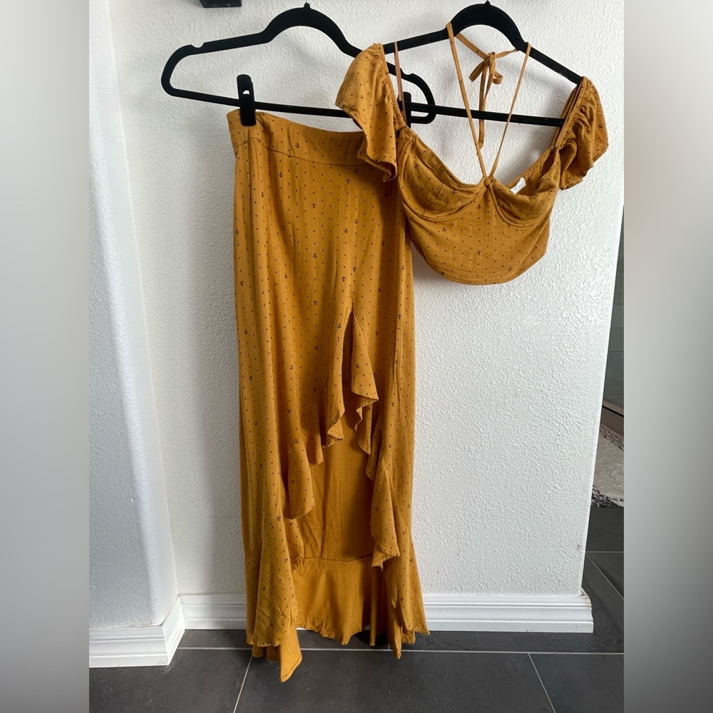 Yellow anchor print two piece off the shoulder top with ruffle midi skirt